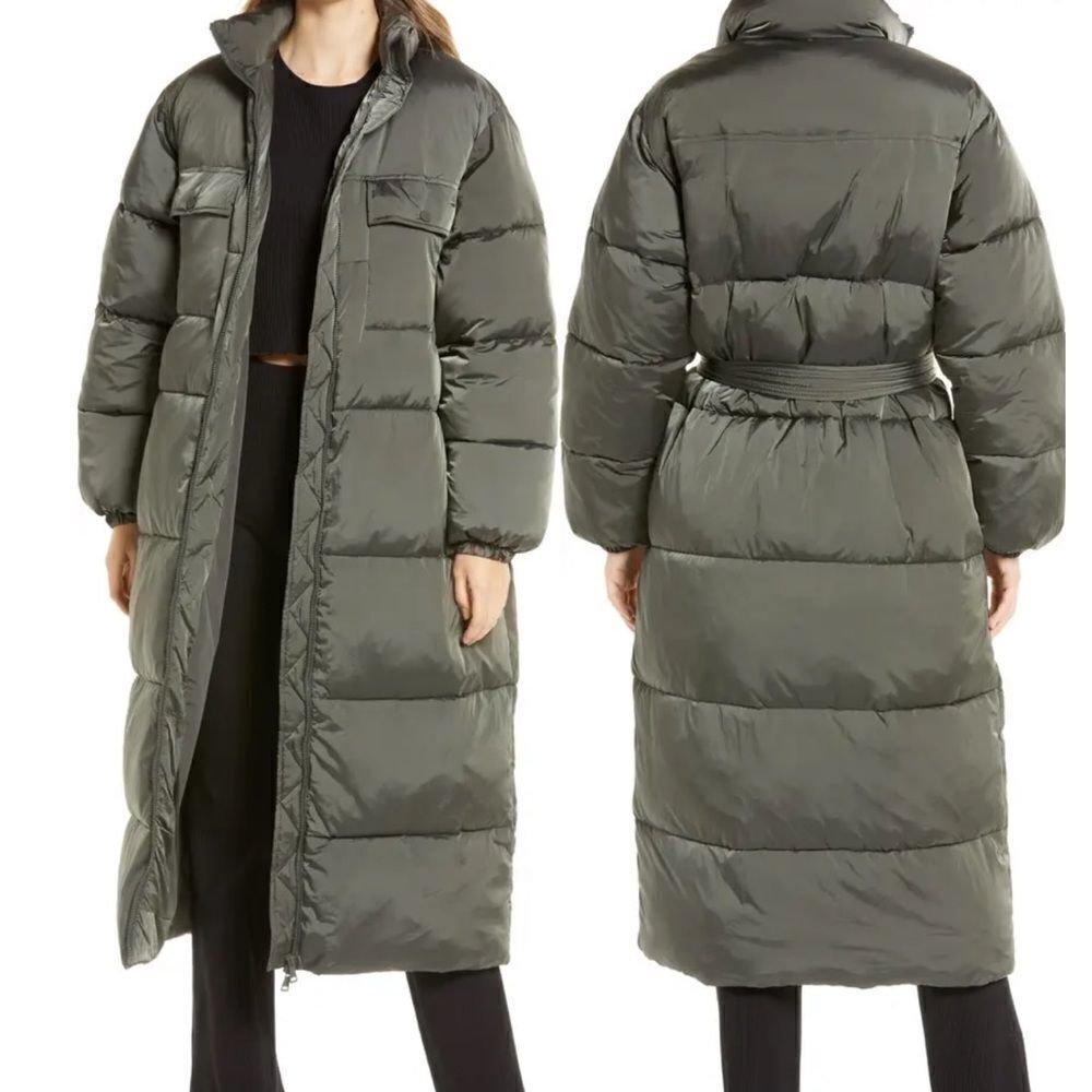 GOOD AMERICAN Water-Resistant Longline Belted Puffer Coat Medium